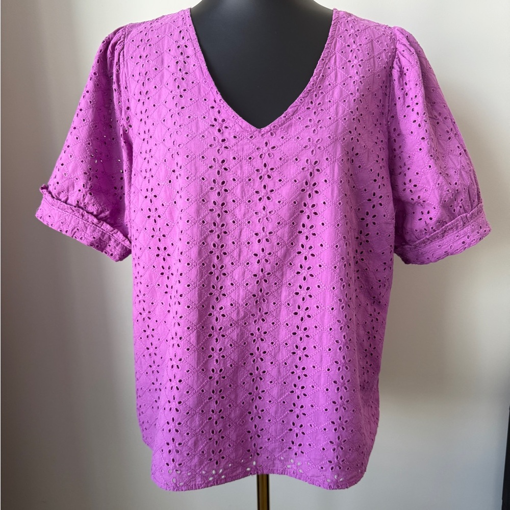 Draper James NWOT Purple Eyelet V-Neck Blouse Lined Size XL Preppy